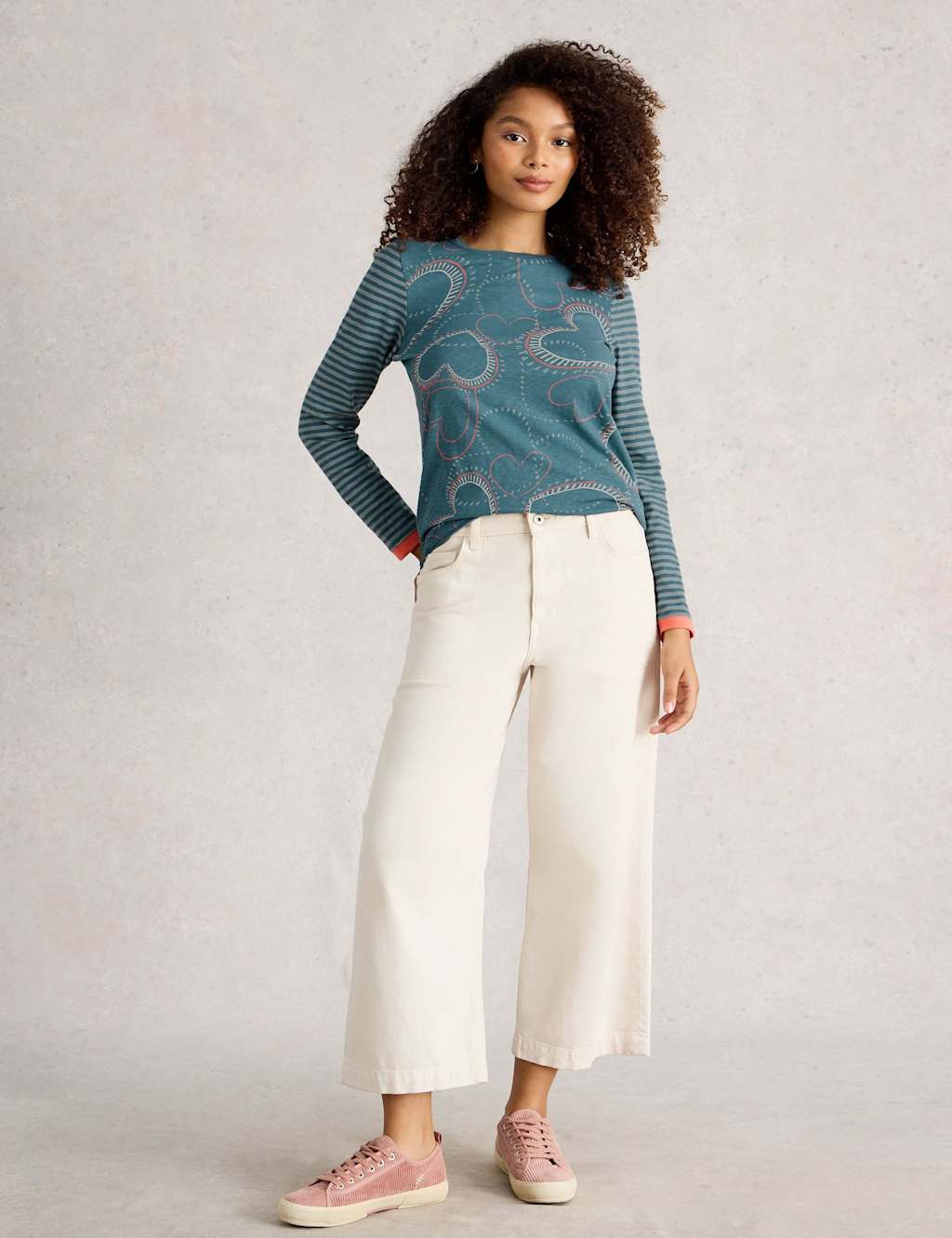 White Stuff Pure Cotton Jersey Printed Crew Neck Top Blue Mix