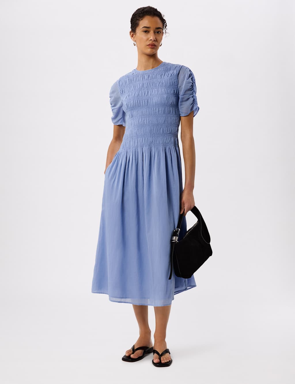 Whistles Women's Pure Cotton Smocked Ruched Midi Dress - 12 - Pale Blue - Available at M&S