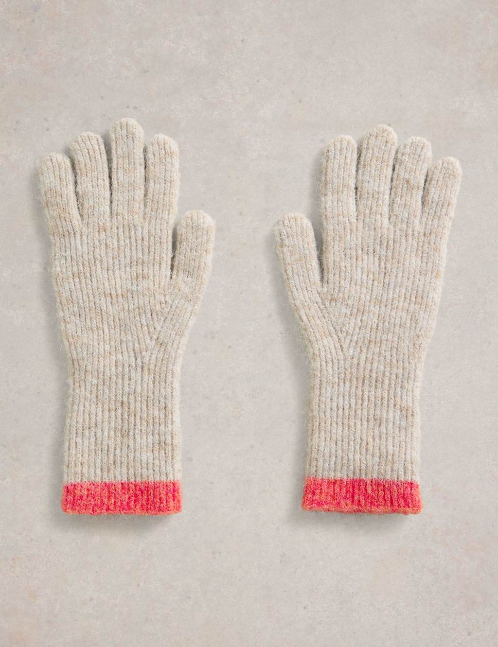 White Stuff Knitted Ribbed Tipped Long Cuff Gloves Natural Mix