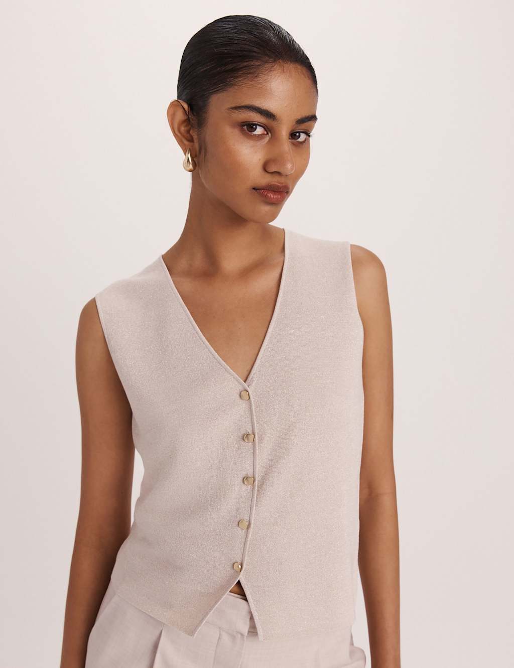 Saba Women's Sparkly V-Neck Button Through Knitted Vest - Medium - Champagne - Available at M&S