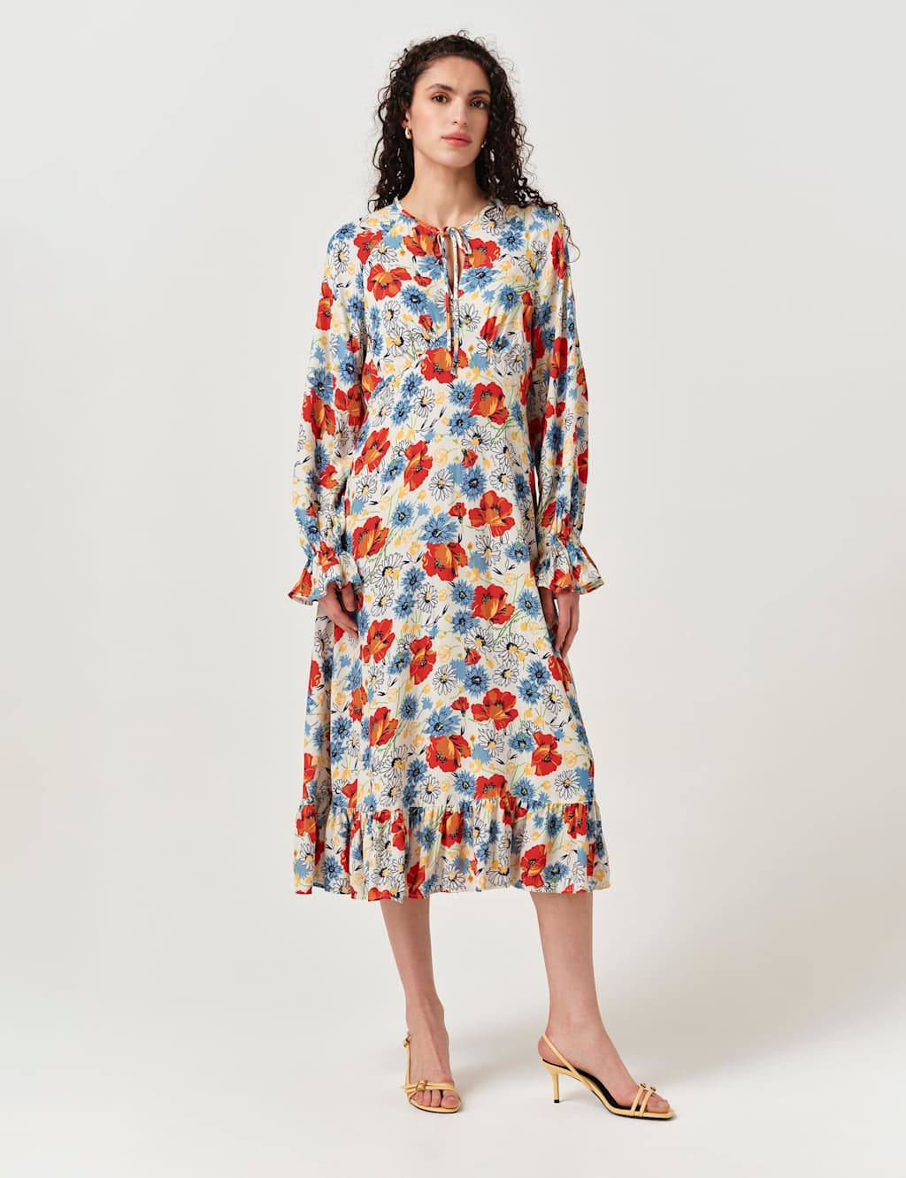 Ghost Women's Crepe Floral Tie Neck Midi Tea Dress - 16 - Ivory Mix - Available at M&S