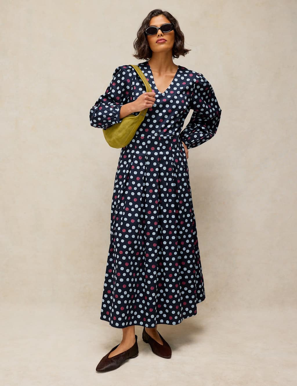 White Stuff Women's Pure Cotton Polka Dot Pleated Midi Dress - 12 - Navy Mix - Available at M&S