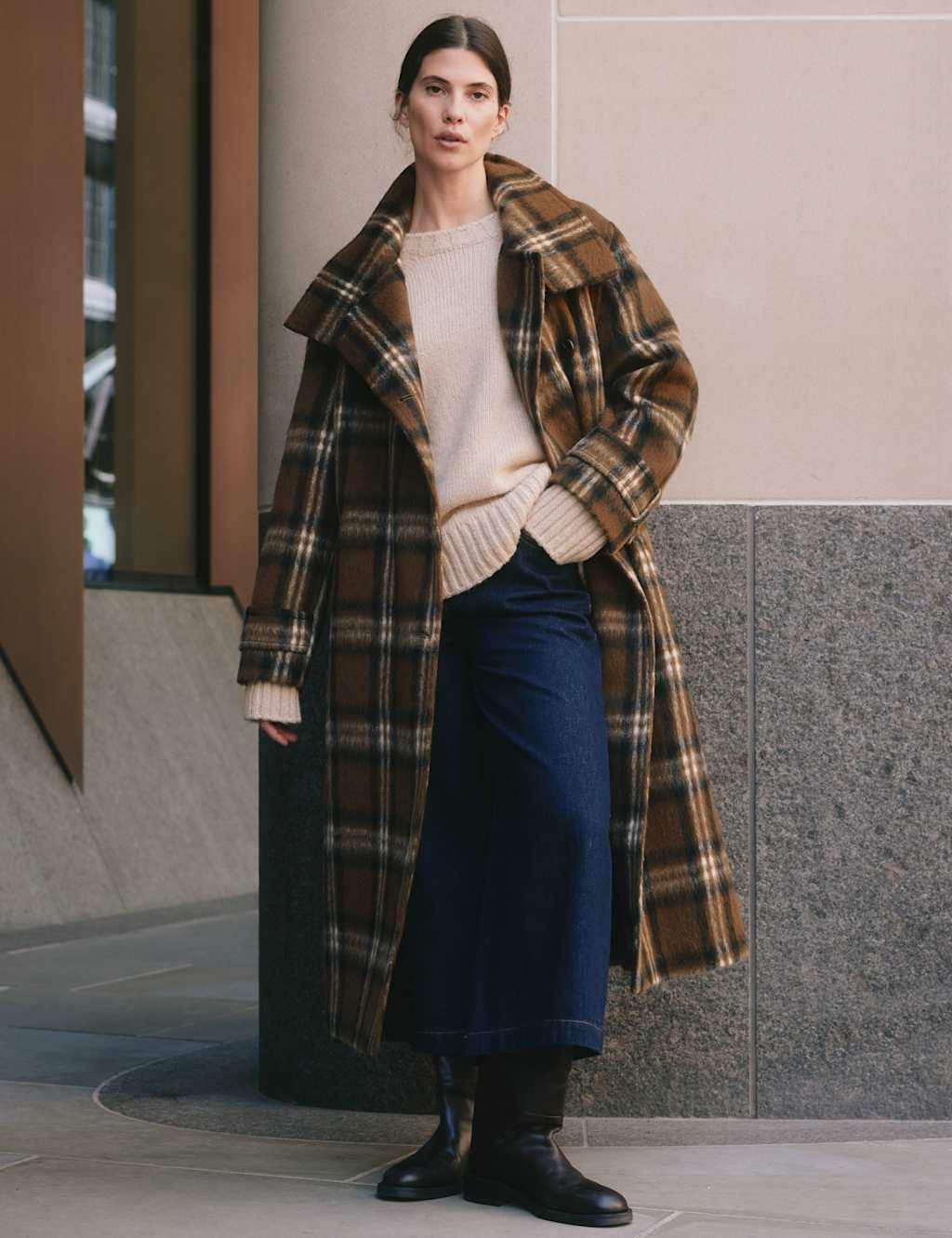 Albaray Checked Oversized Longline Coat with Wool Brown Mix