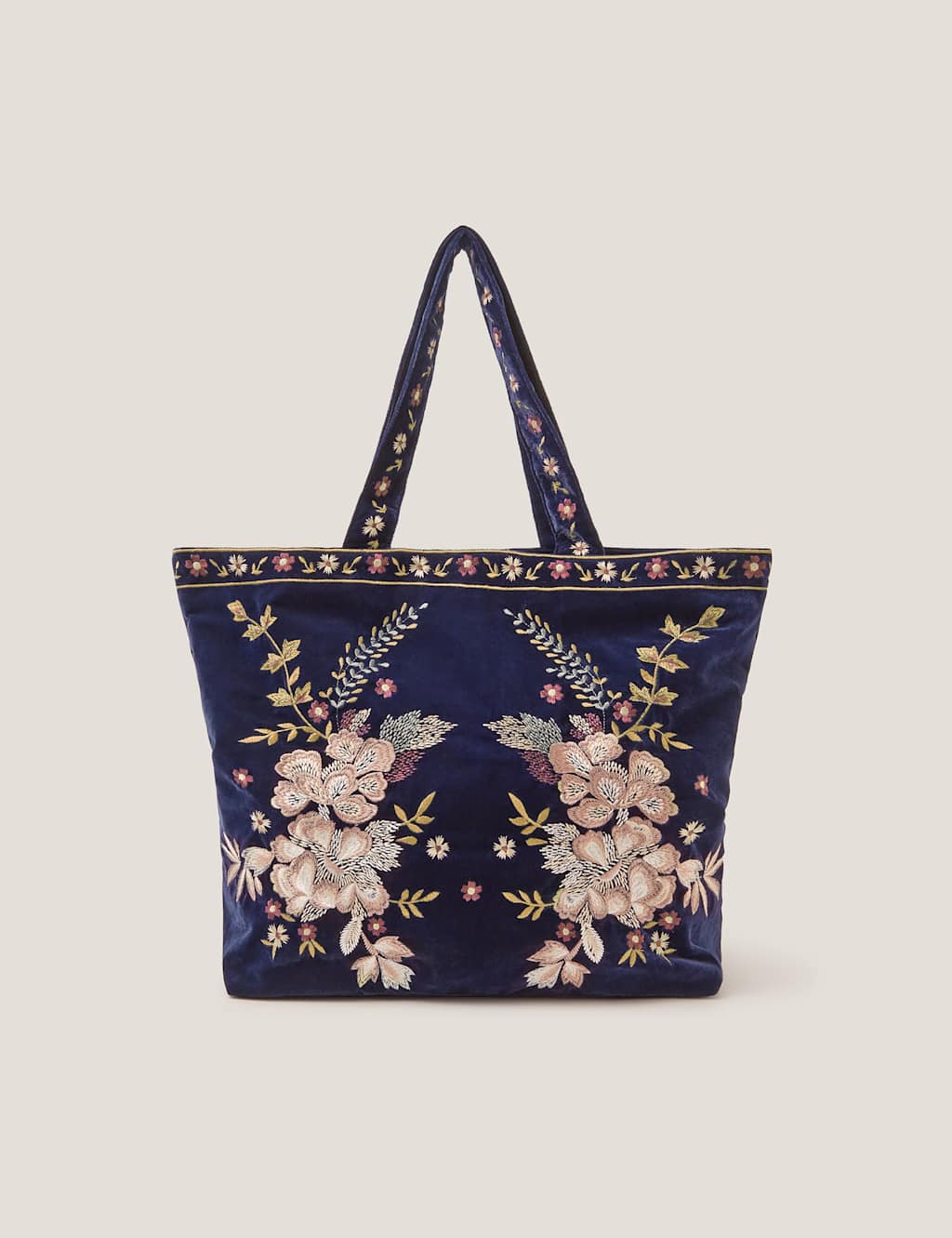 Monsoon Velvet Embroidered Floral Tote Bag Navy Mix