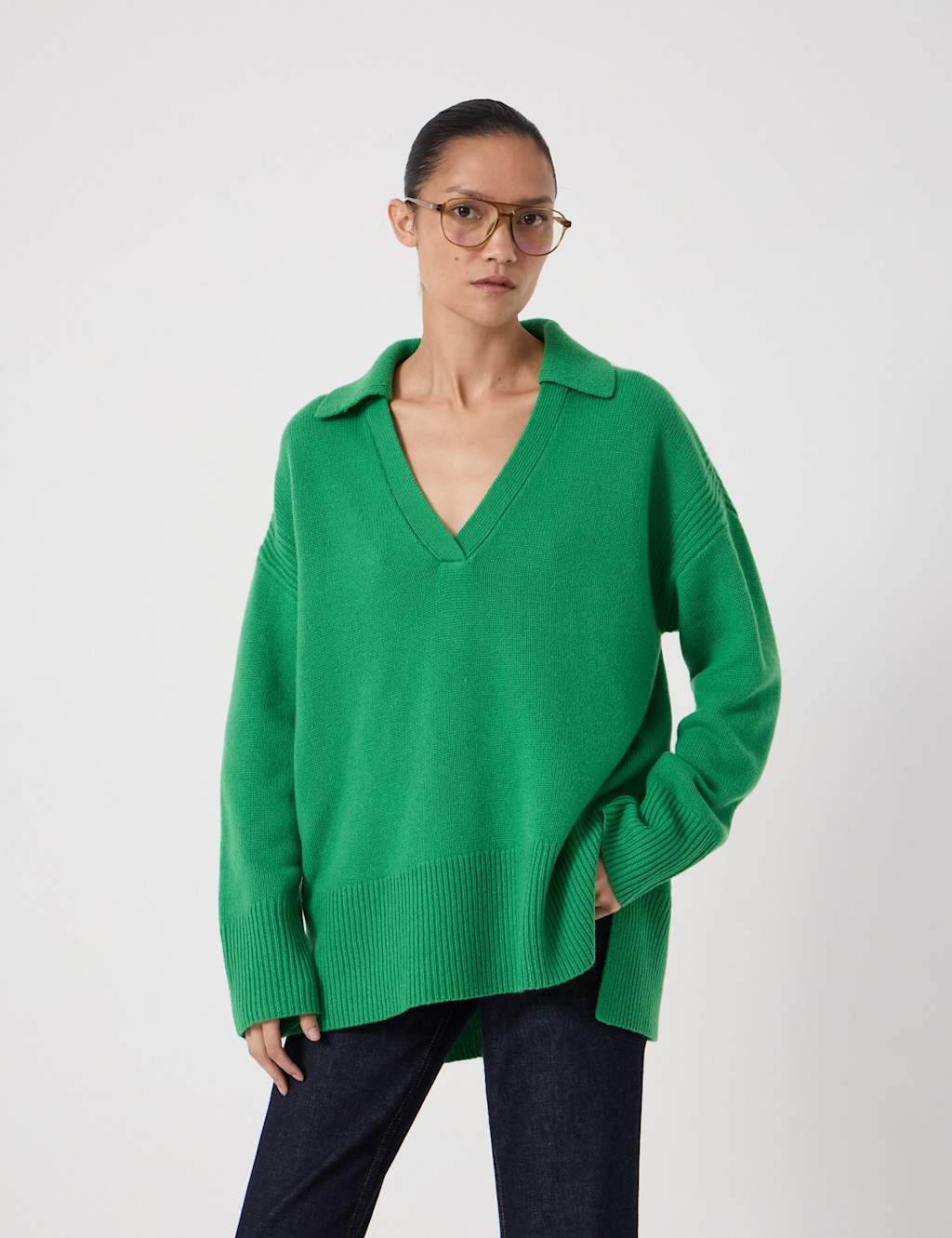 Hush Women's Pure Merino Wool Collared Relaxed Jumper - Medium-Large - Green - Available at M&S