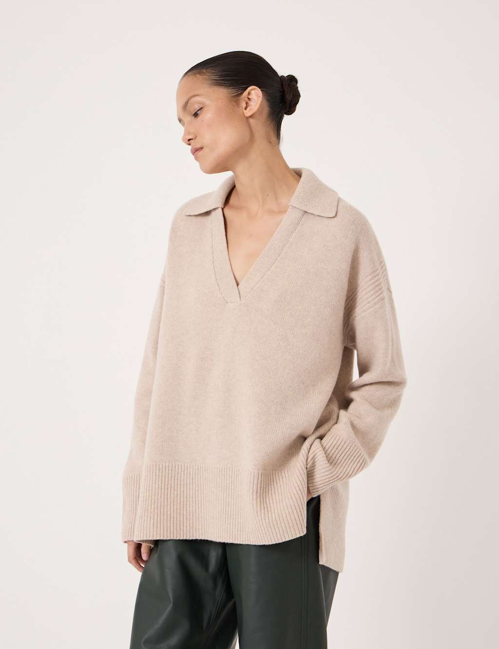 Hush Women's Pure Merino Wool Collared Relaxed Jumper - XS-S - Stone - Available at M&S