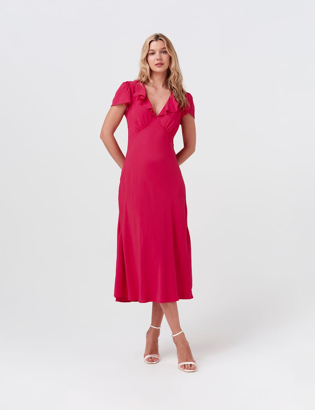Ghost Women's Crepe Frill V-Neck Midi Tea Dress - 14 - Hot Pink - Available at M&S