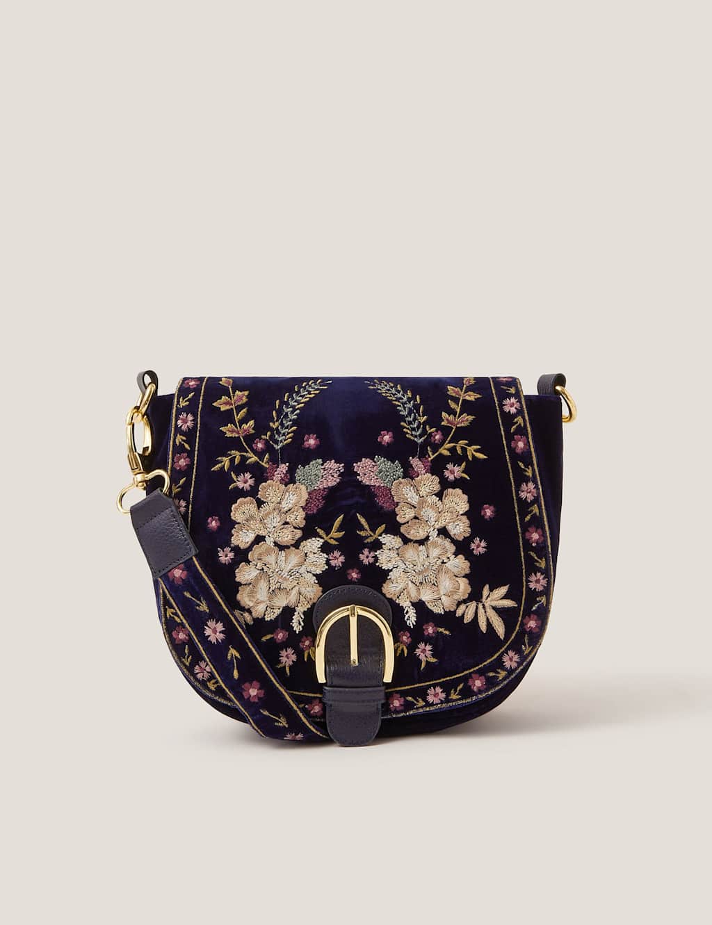 Monsoon Velvet Floral Embroidered Cross Body Bag Navy Mix