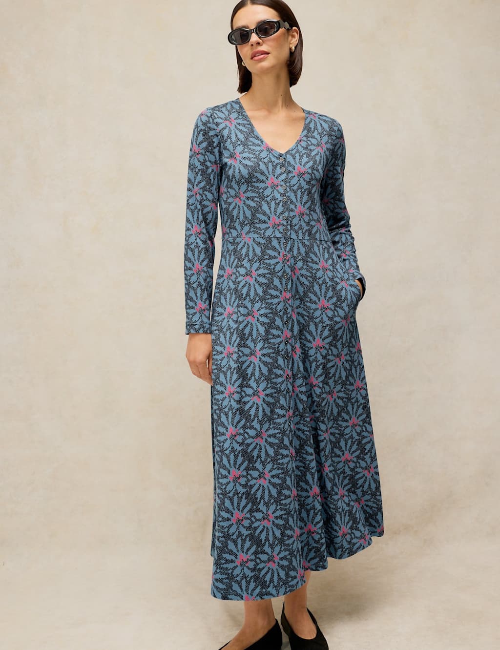 White Stuff Women's Cotton Blend Printed Button Through Midi Dress - 12 - Blue Mix - Available at M&S