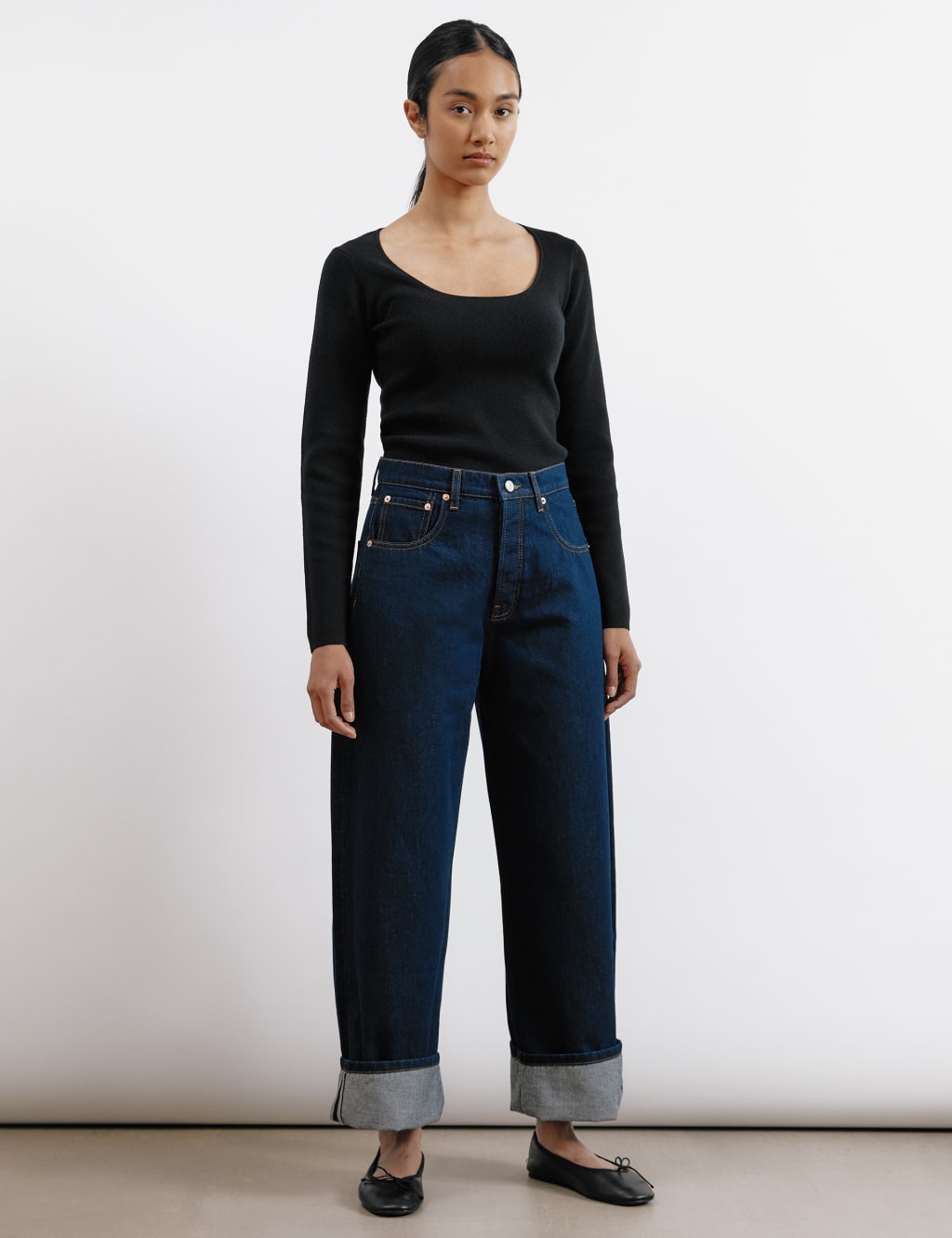 High Waisted Wide Leg Turn Up Jeans