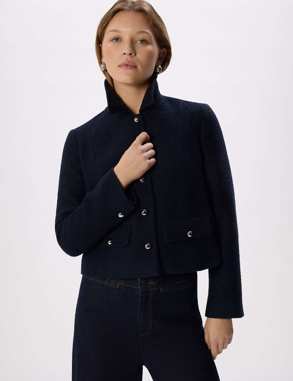 Whistles Women's Cotton Blend Bouclé Cropped Jacket - 18 - Navy - Available at M&S