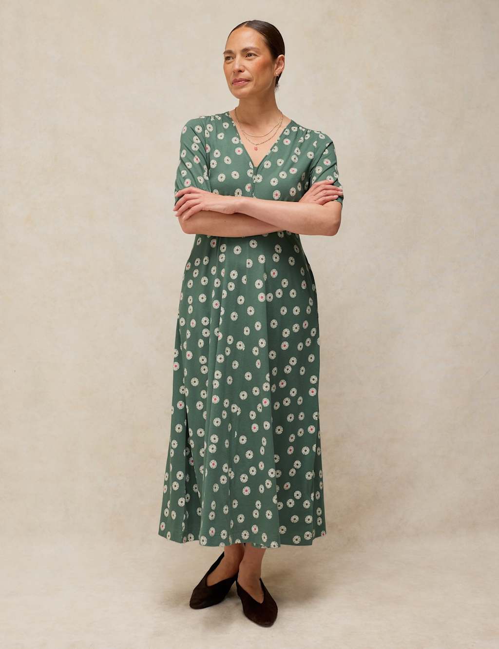 White Stuff Women's Cotton Blend Jersey Printed Midi Tea Dress - 10 - Green Mix - Available at M&S