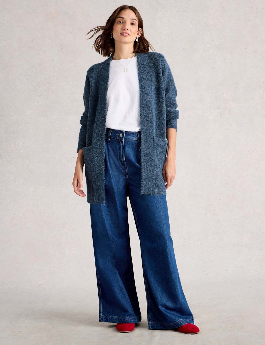 White Stuff Rib Detail Edge to Edge Longline Cardigan Dark Blue