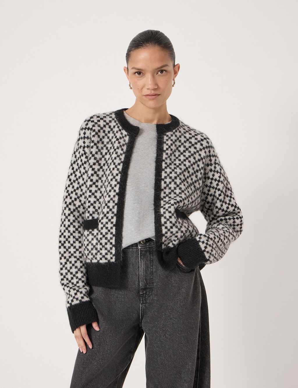 Hush Women's Jacquard Edge to Edge Cardigan with Wool - Small-Medium - Black Mix - Available at M&S