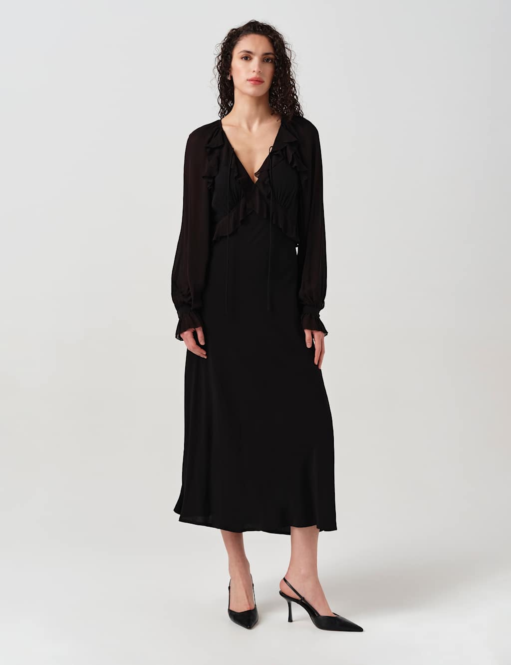 Ghost Women's V-Neck Frill Detail Midi Dress - 14 - Black - Available at M&S