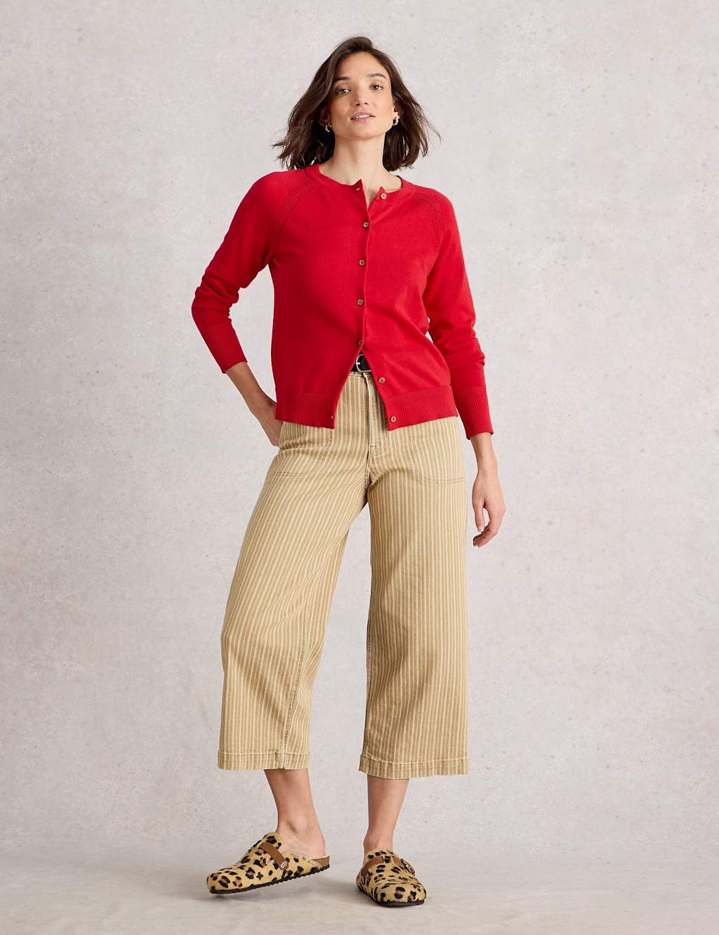 White Stuff Women's Cotton Round Neck Cardigan - 14 - Medium Red, Medium Red,Light Green