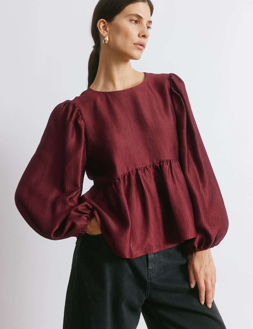 Albaray Satin Blouson Sleeve Blouse Burgundy