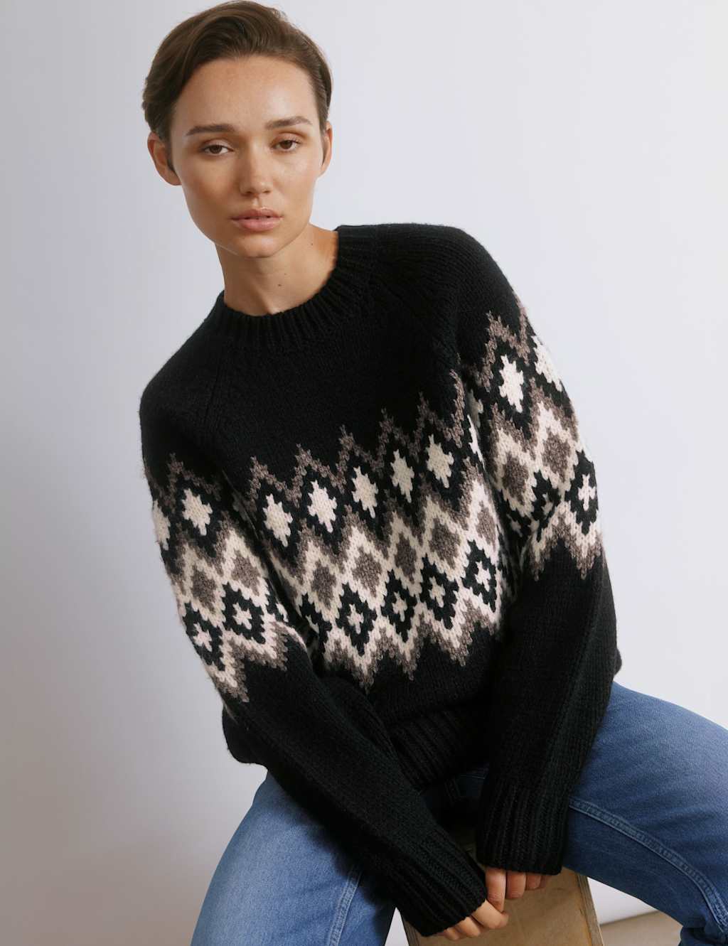 Albaray Wool Blend Fair Isle Crew Neck Jumper Black Mix