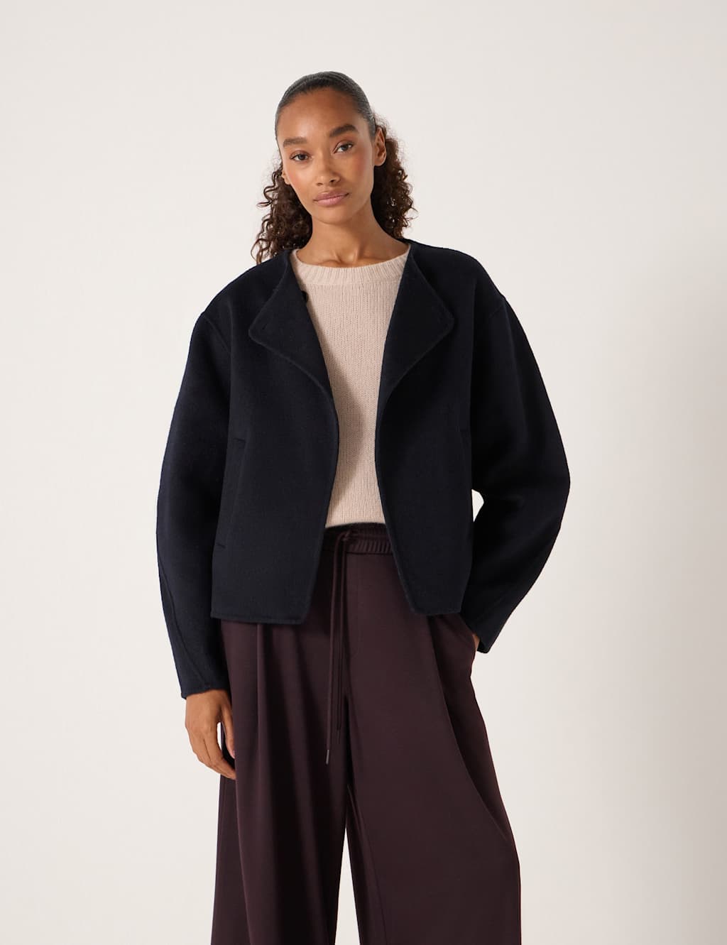 HUSH Pure Wool Double Faced Collarless Jacket Dark Navy