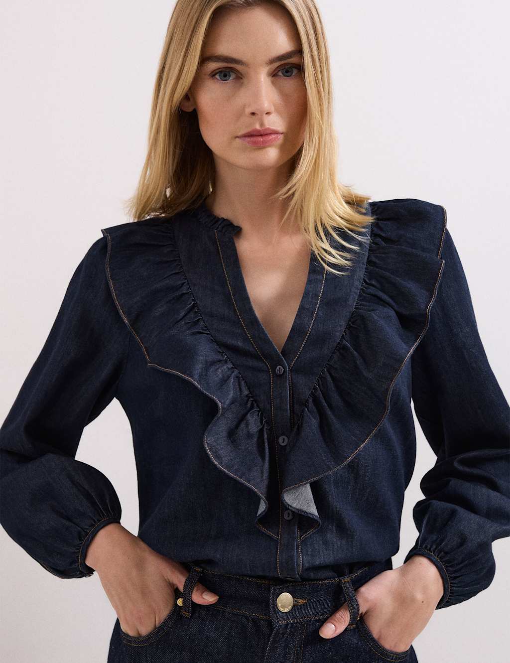 Phase Eight Women's Cotton Rich Denim V-Neck Frill Detail Blouse - 12 - Mid Blue - Available at M&S