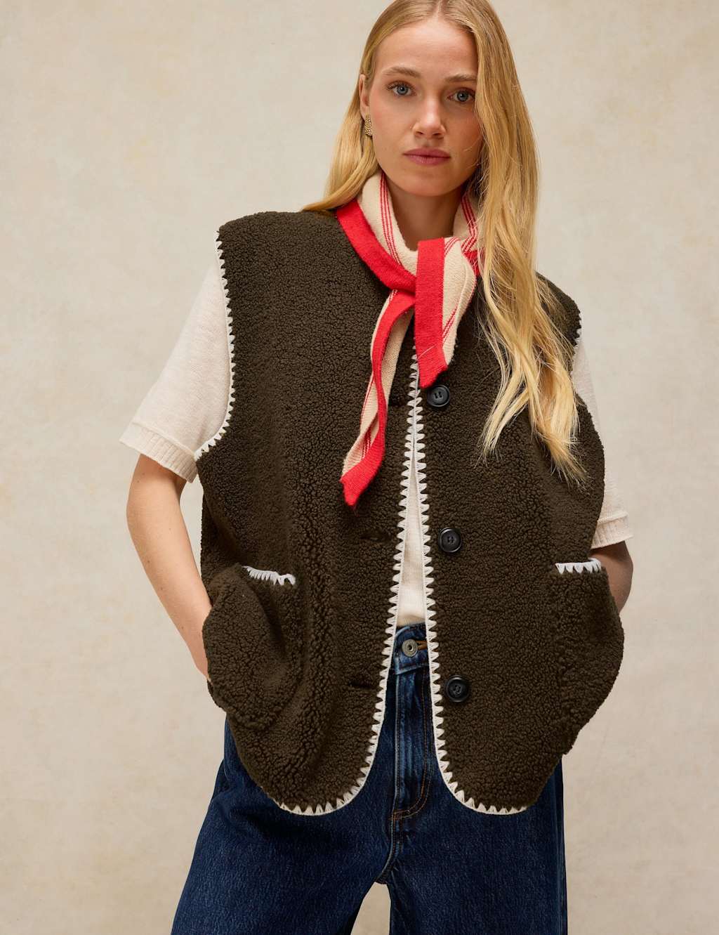 White Stuff Women's Borg Stitch Detail Gilet - Medium - Green - Available at M&S