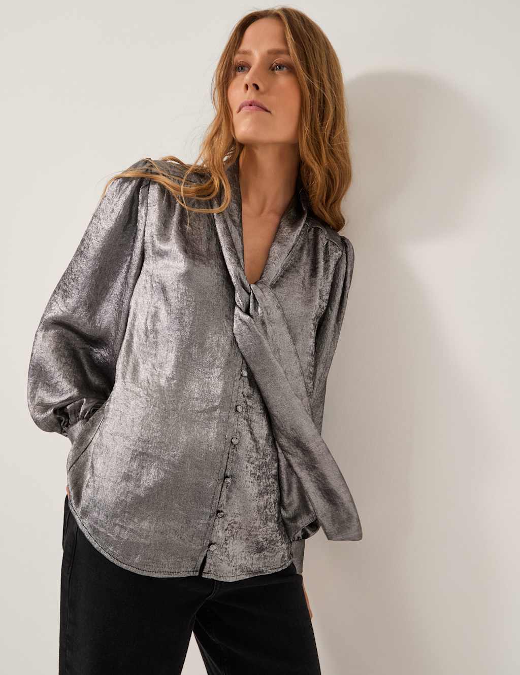 Monsoon Metallic Tie Neck Blouse Silver