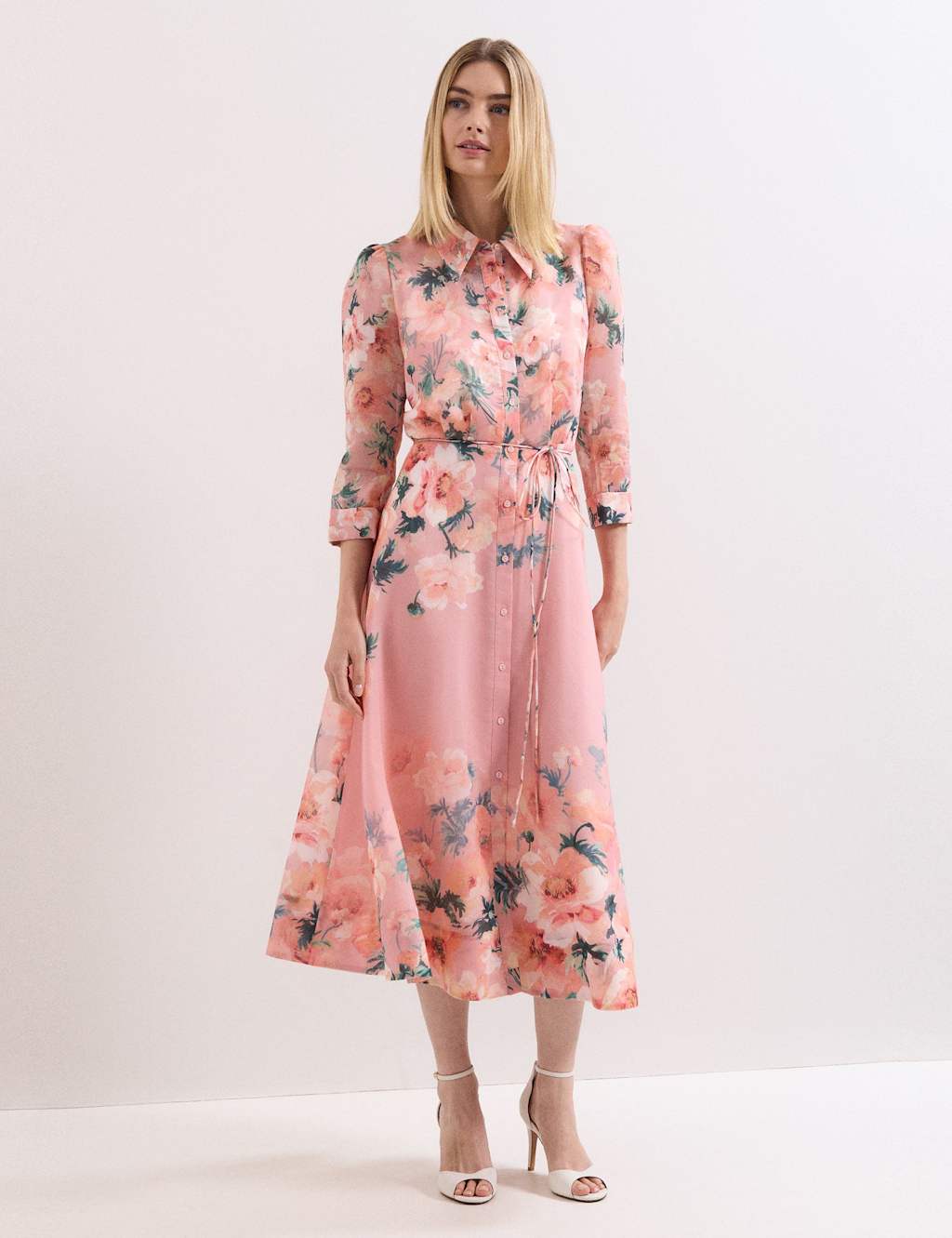 Phase Eight Women's Floral Tie Waist Midi Shirt Dress - 14 - Light Pink Mix - Available at M&S