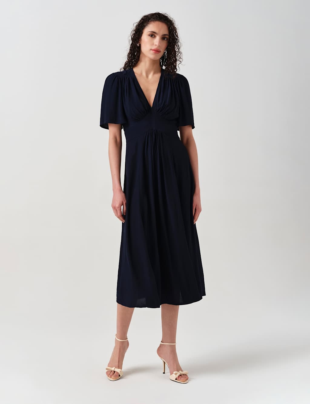 Ghost Women's Crepe V-Neck Angel Sleeve Midi Tea Dress - 8 - Navy - Available at M&S