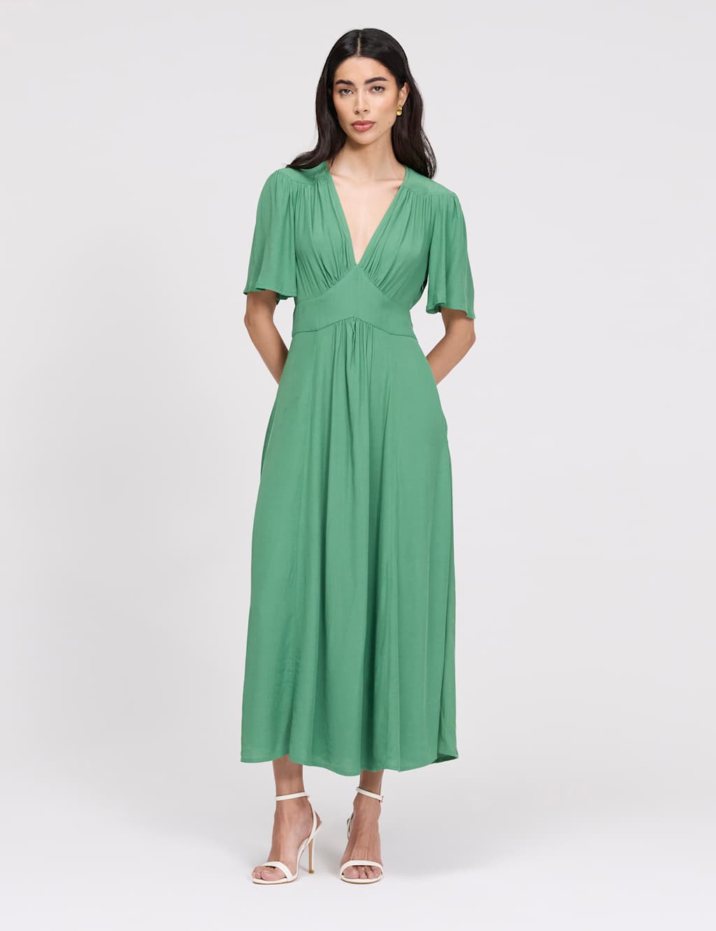 Ghost Women's Crepe V-Neck Angel Sleeve Midi Tea Dress - 14 - Green - Available at M&S