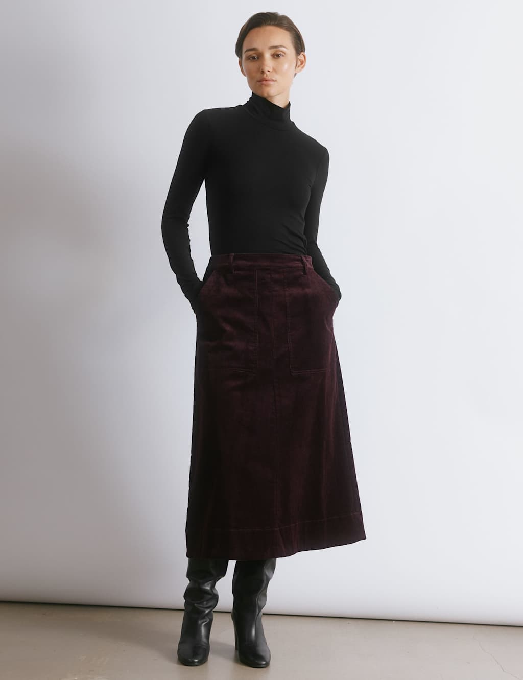 Albaray Cord Midi A-Line Skirt Burgundy