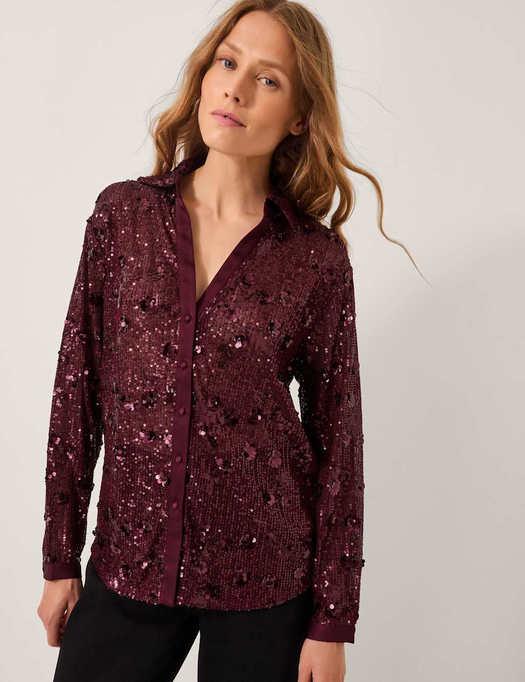 Monsoon Sequin Collared V-Neck Shirt Dark Purple