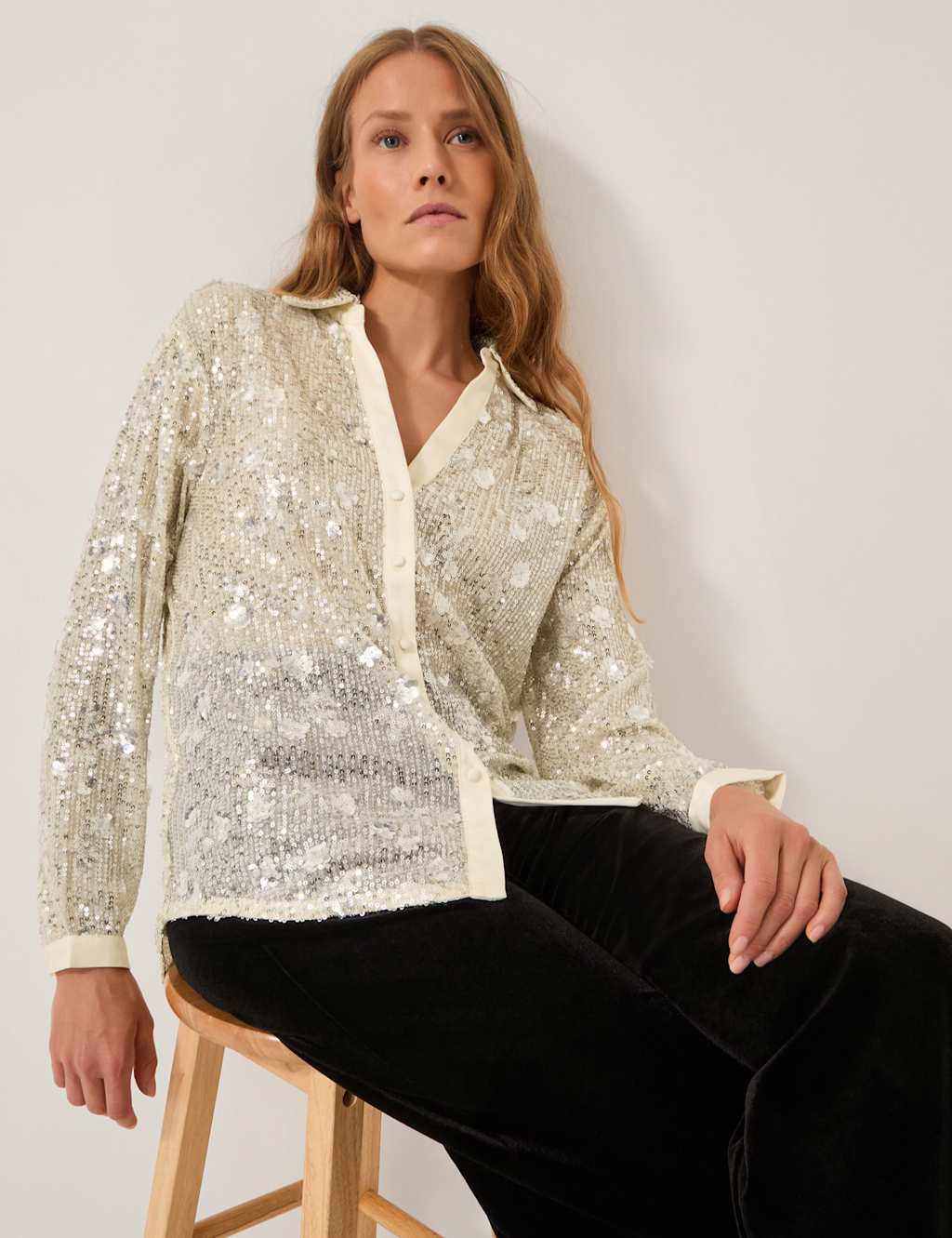 Monsoon Sequin Collared V-Neck Shirt Silver