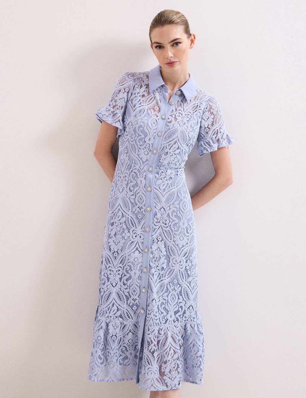 Phase Eight Women's Lace Collared Midi Shirt Dress - 14 - Light Blue Mix - Available at M&S