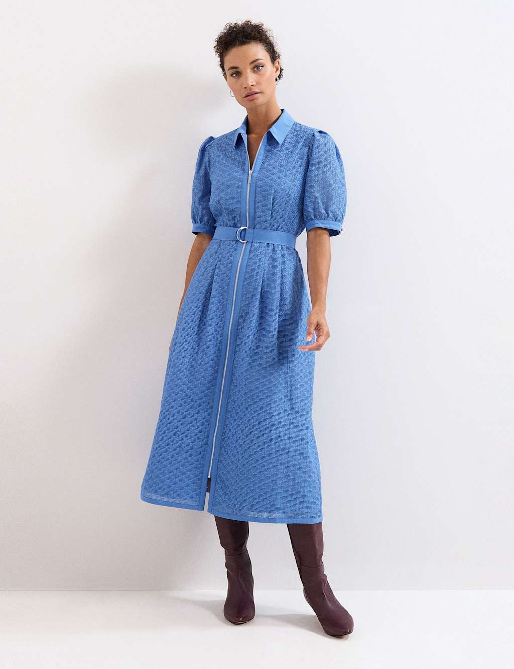 Phase Eight Women's Cotton Rich Textured Midi Shirt Dress - 14 - Light Blue - Available at M&S