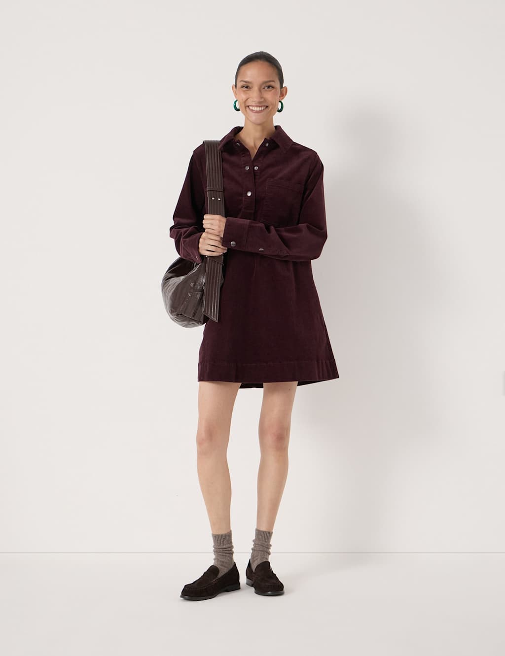 HUSH Cotton Rich Collared Mini Shift Dress Burgundy Mix