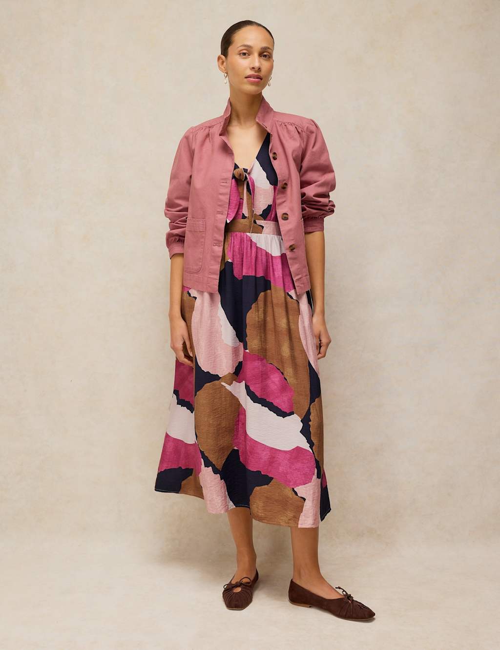 White Stuff Women's Printed Knotted V-Neck Midi Waisted Dress - 16 - Pink Mix - Available at M&S