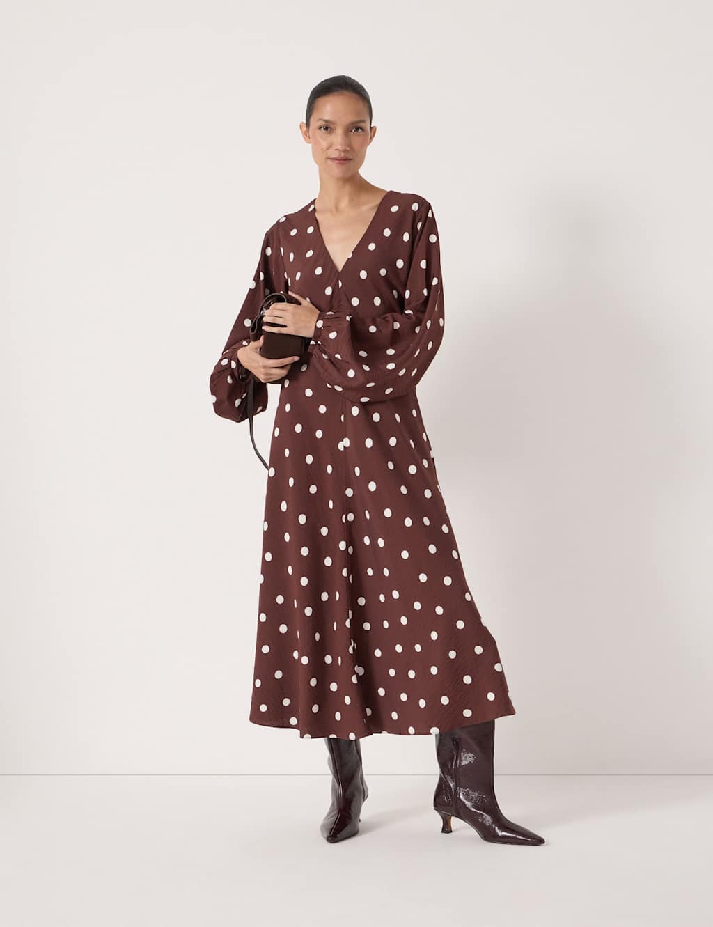 HUSH Polka Dot V-Neck Midi Waisted Dress Brown Mix
