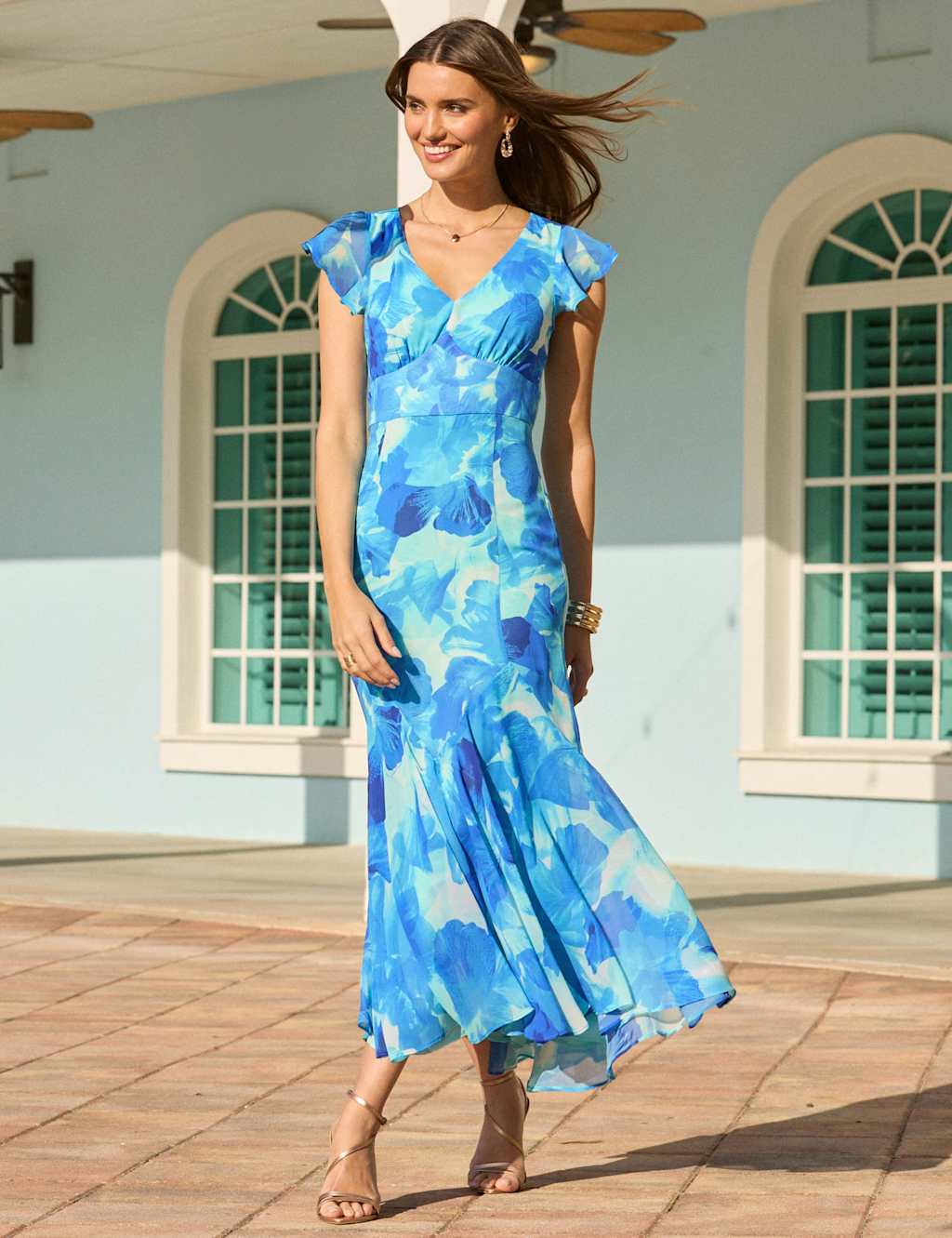 Sosandar Women's Sheer Floral V-Neck Empire Line Midi Waisted Dress - 6 - Blue Mix - Available at M&S