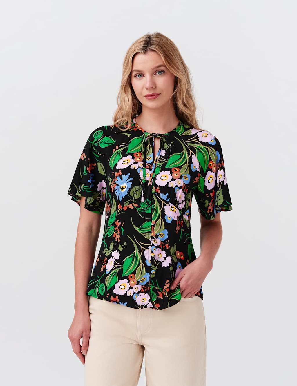 Ghost Women's Crepe Floral Tie Neck Angel Sleeve Top - 10 - Black Mix - Available at M&S