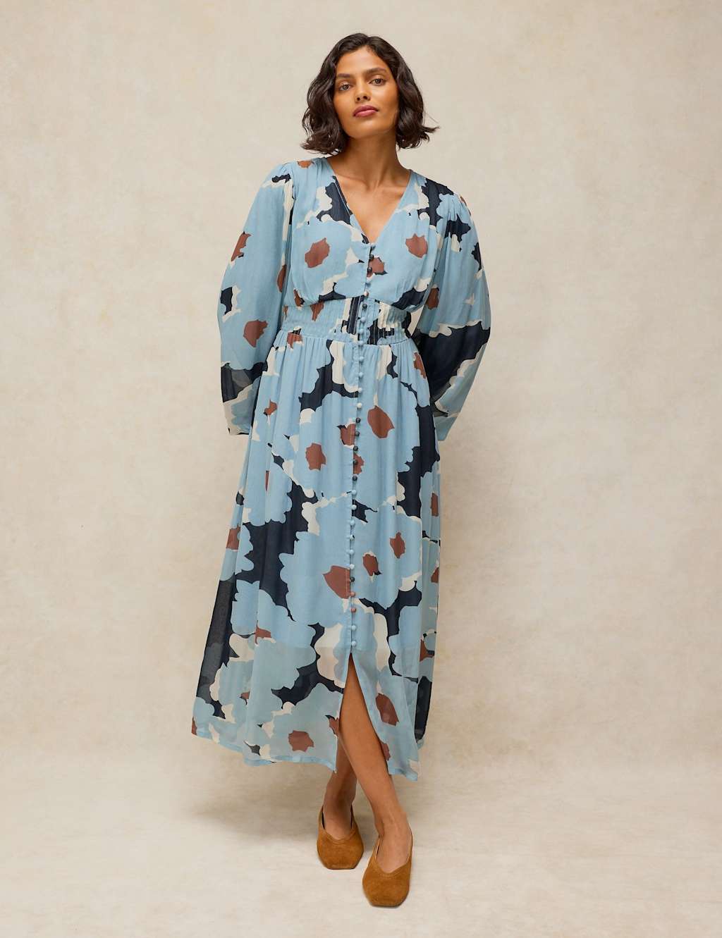 White Stuff Women's Floral Midi Waisted Dress - 12 - Blue Mix - Available at M&S
