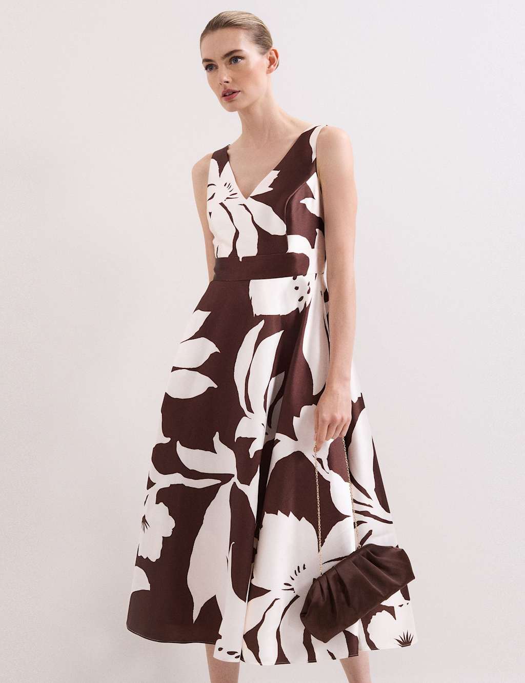 Phase Eight Women's Floral V-Neck Midi Skater Dress - 10 - Brown Mix - Available at M&S