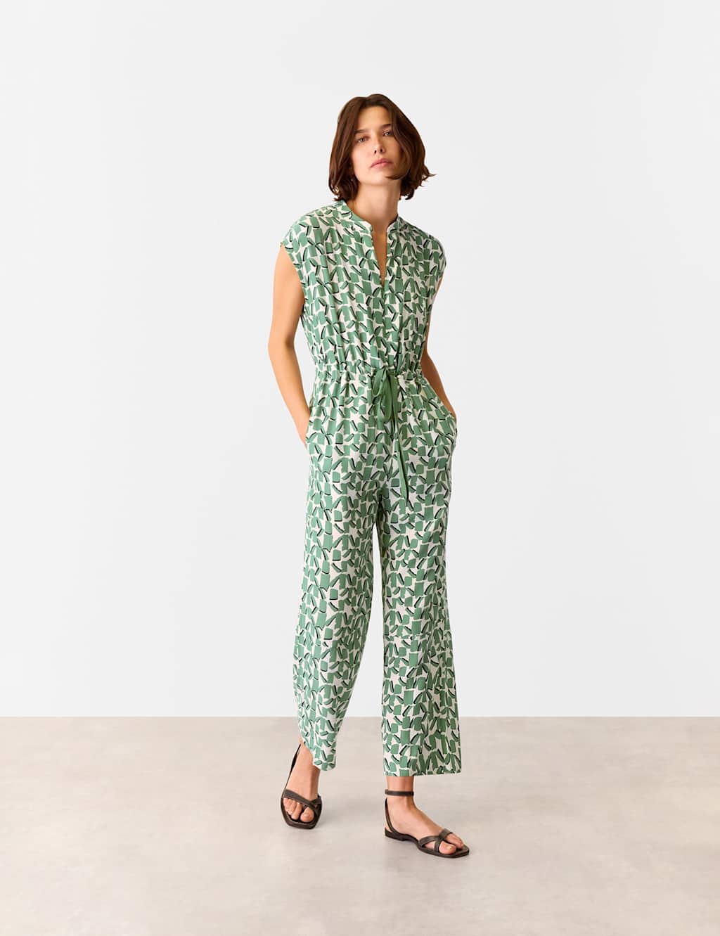 Printed Drawstring Sleeveless Jumpsuit