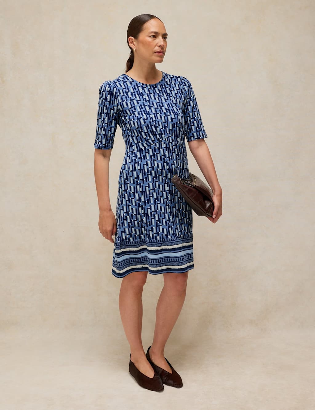 White Stuff Women's Cotton Rich Jersey Printed Waisted Dress - 14 - Blue Mix - Available at M&S