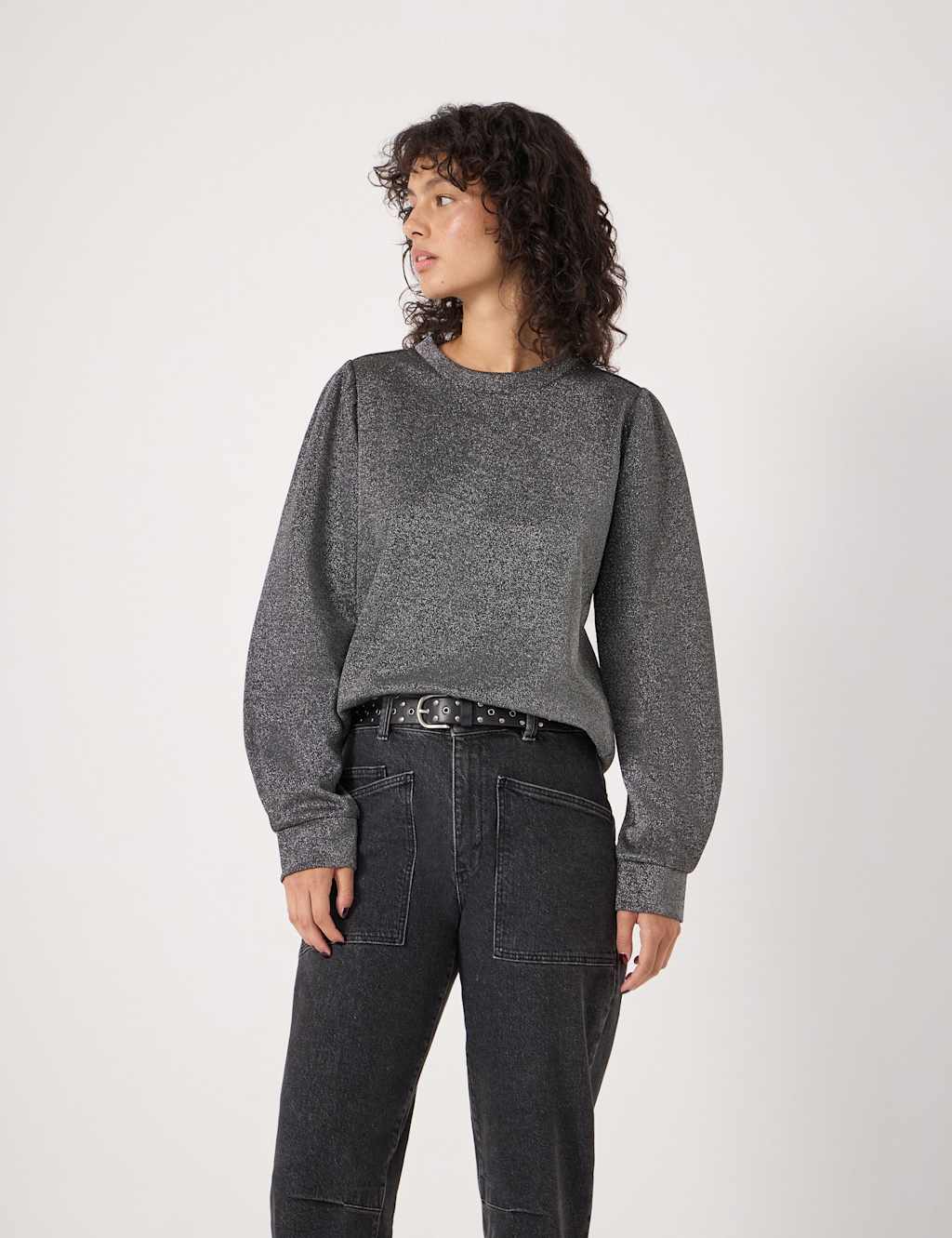 HUSH Jersey Metallic Puff Sleeve Top Grey Mix