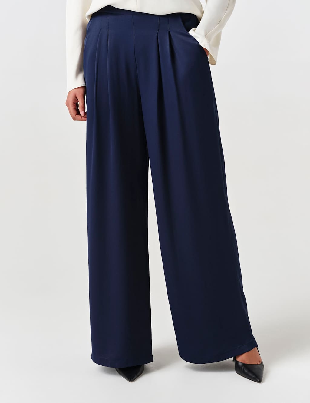 Ghost Women's Satin Pleated Wide Leg Trousers - 16 - Navy - Available at M&S