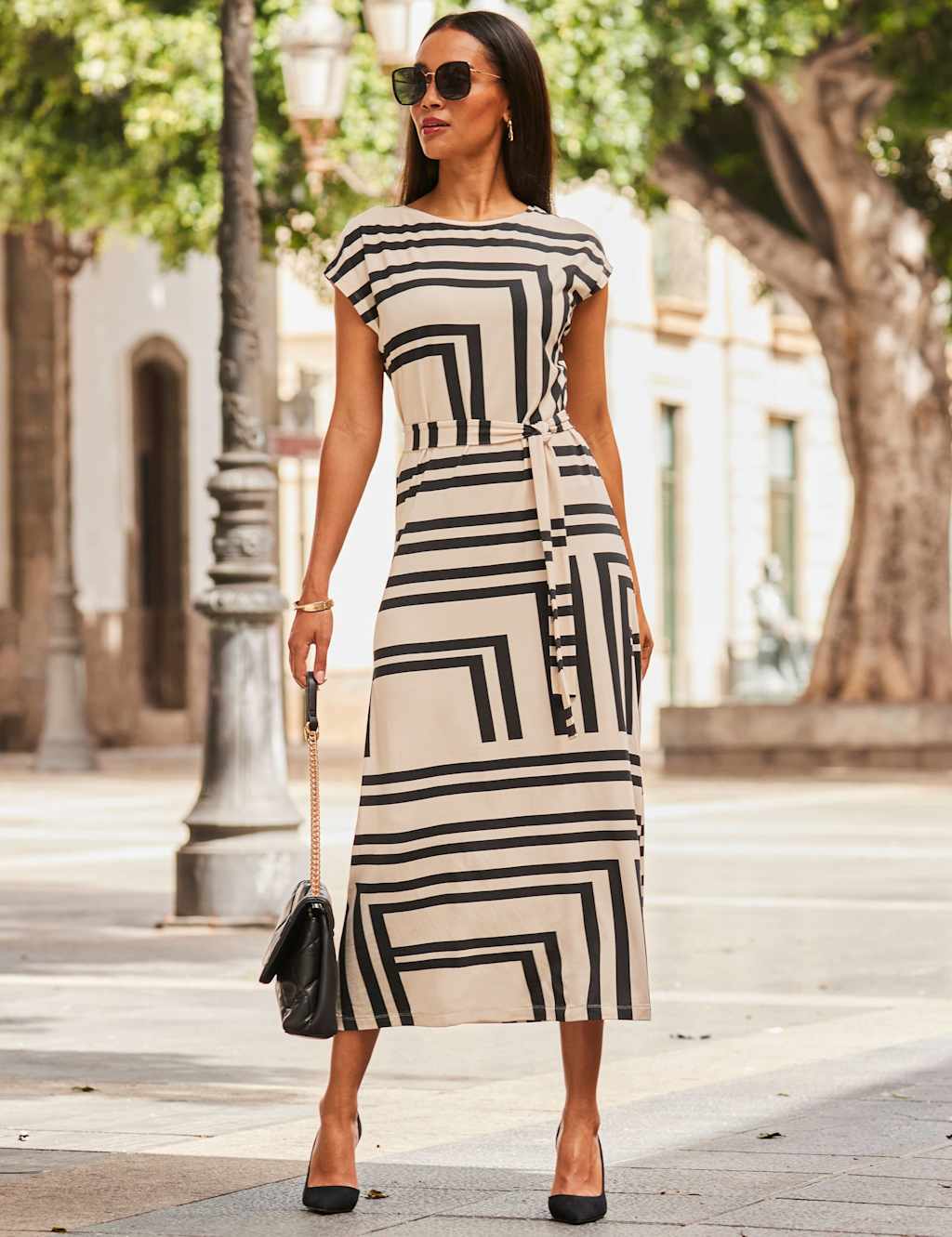 Geometric Stretch Midi Jersey Dress