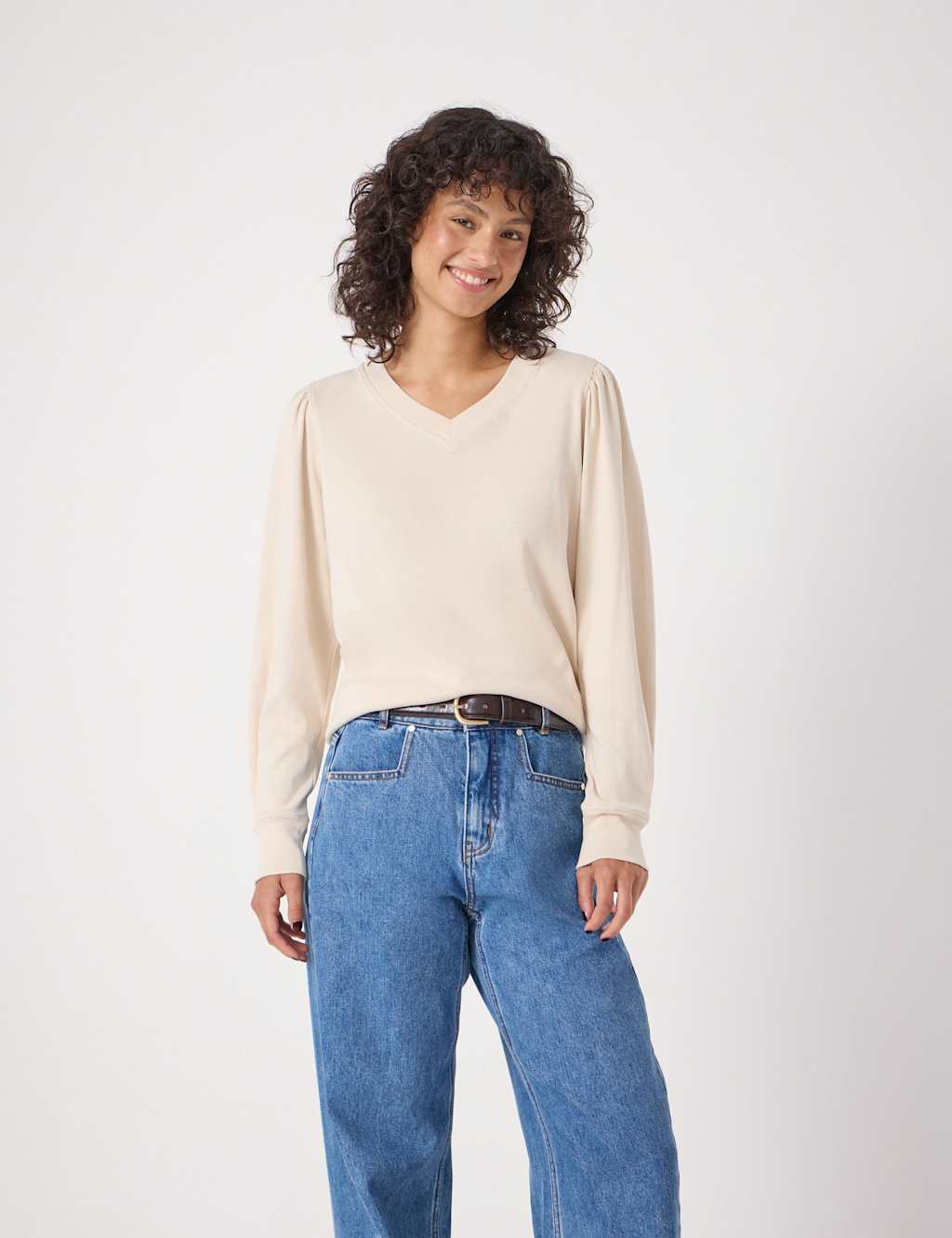 HUSH Pure Cotton V-Neck Puff Sleeve Top Beige