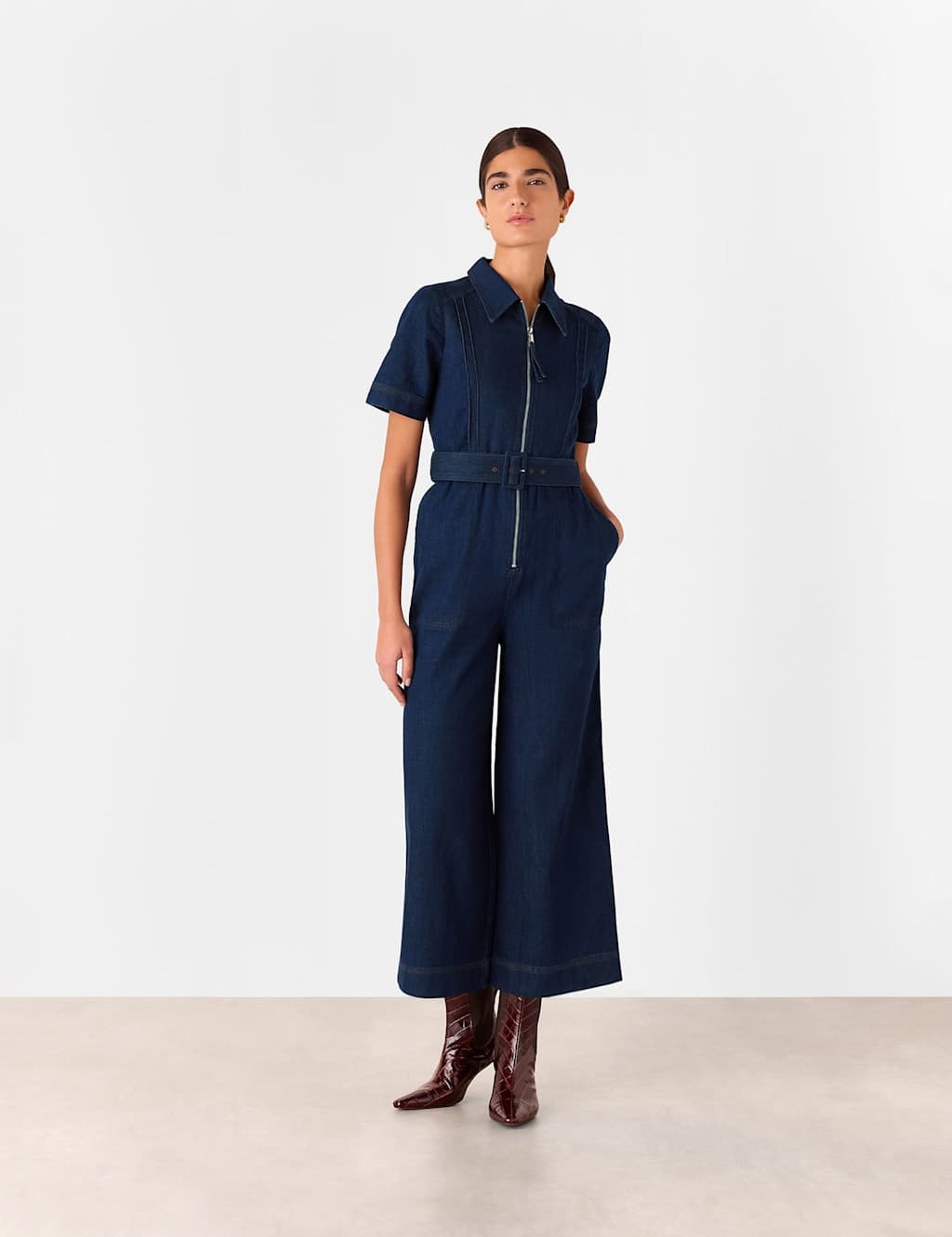 Denim Belted Short Sleeve Jumpsuit