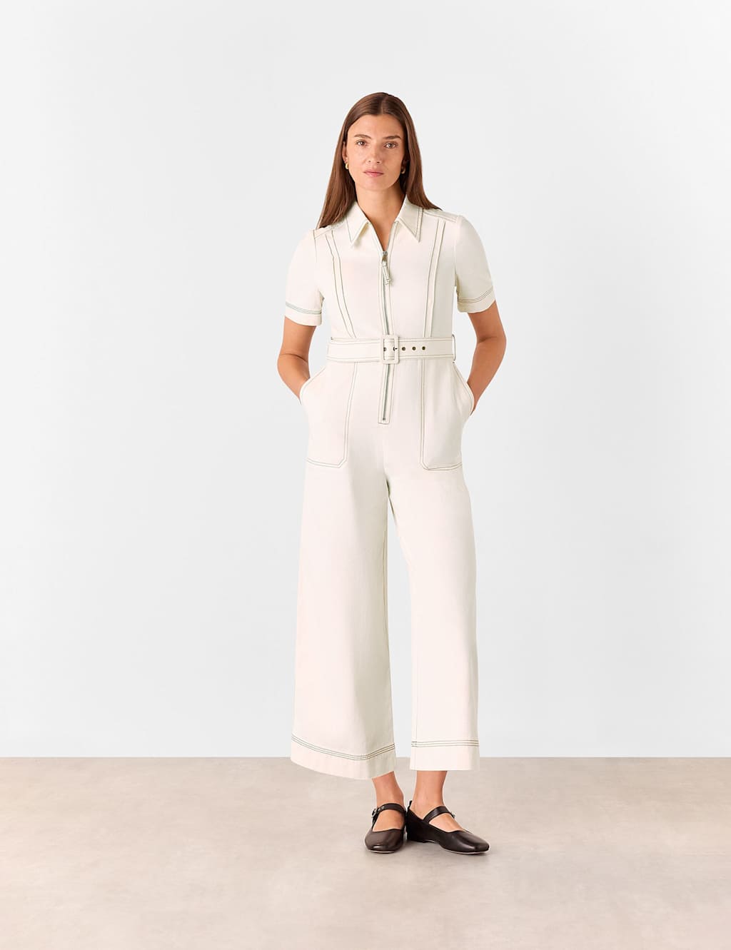 Denim Belted Short Sleeve Jumpsuit