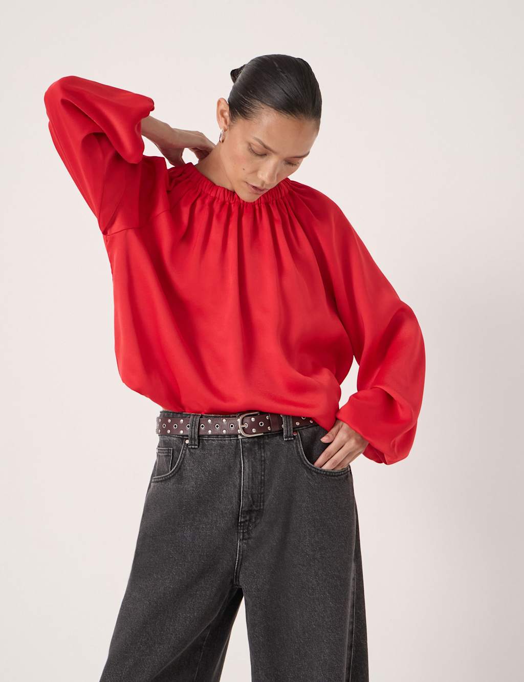 HUSH Satin Puff Sleeve Bubble Hem Top Red